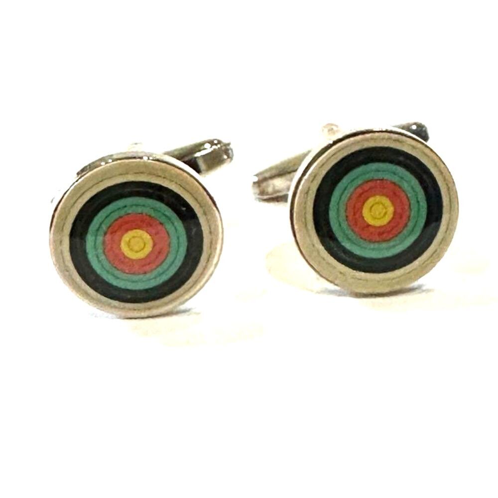 Archery Target / Bullseye Cufflinks — Multicolor Enamel — Silver Round Frame